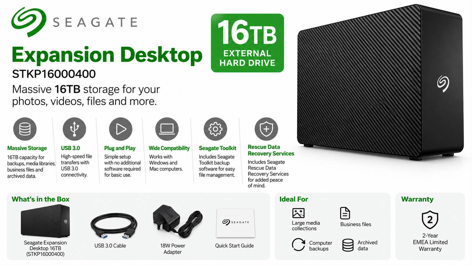 Seagate Expansion Desktop 16TB External Hard Drive, USB 3.0, PC & Mac Compatible, Rescue Data Recovery Services, Black | STKP16000400